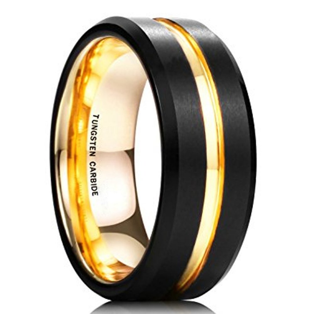 Unisex or Mens Tungsten Wedding Band 8mm Black 18K Yellow Gold Matte Ring